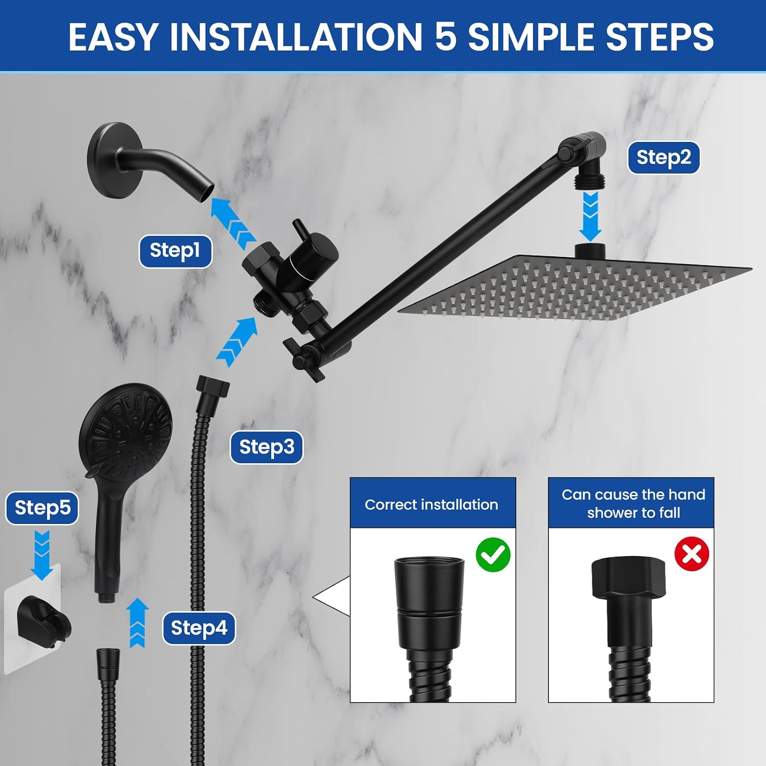 Thumbnail 5 de Tudoccy SHP-HS Shower Head Combo (8" Rainfall + Handheld) in Matte Black with 11" Extension Arm