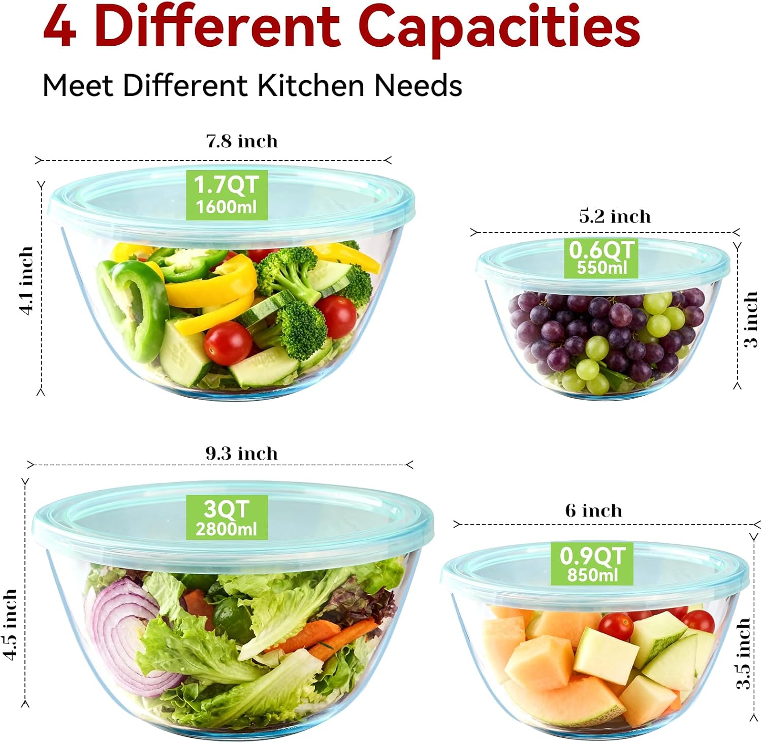 Detalle 2 de YUANYE 5 Pack Glass Mixing Bowls with Lids Set (5/2.5/1.5/0.9/0.6QT) with Nesting Design
