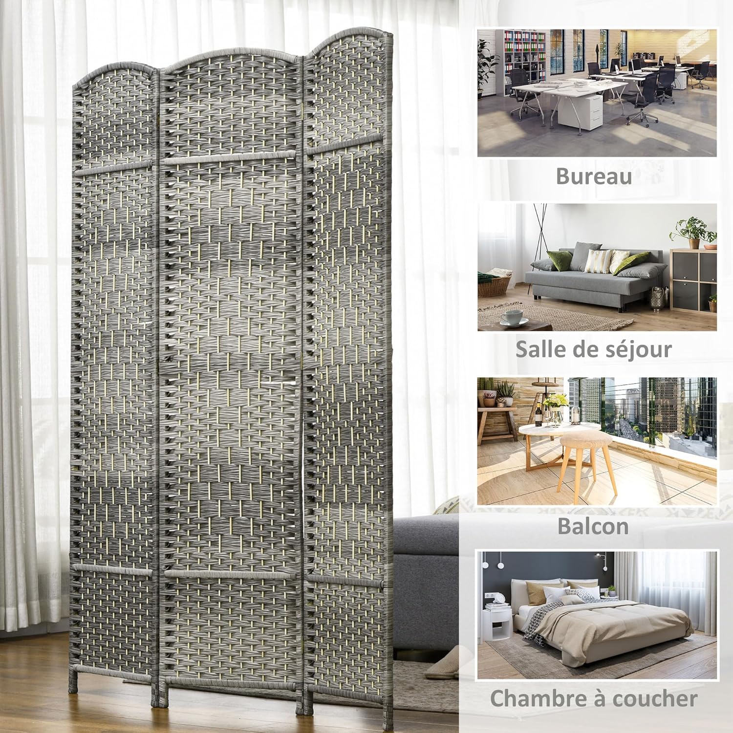 Thumbnail 5 de HOMCOM Paravent intérieur en Bois, 3 Panneaux, 135 x 180 cm – Séparateur pliable pour salon et chambre