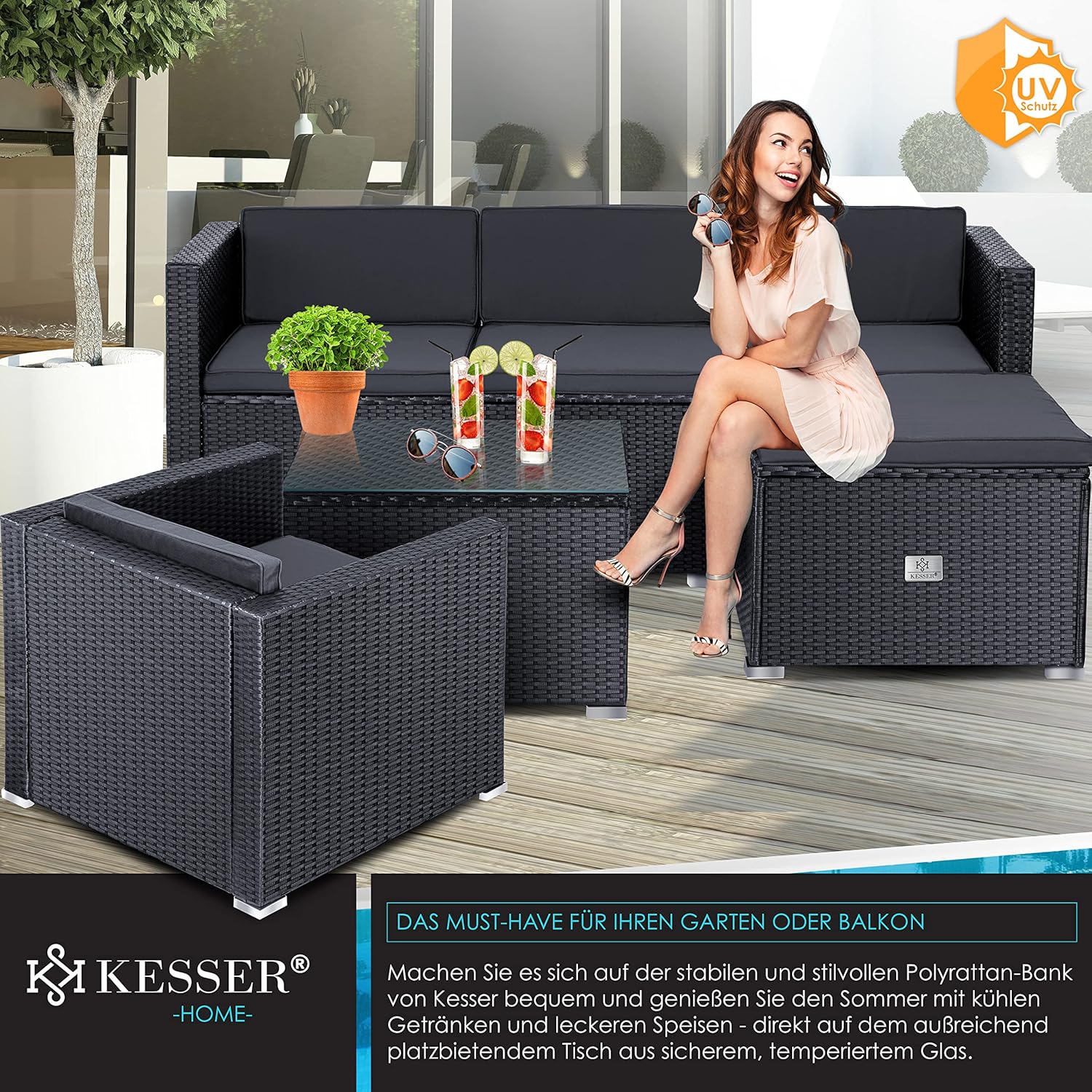 Detalle de KESSER® Polyrattan Lounge Aruba – Gartenlounge-Set für 4–5 Personen, Anthrazit