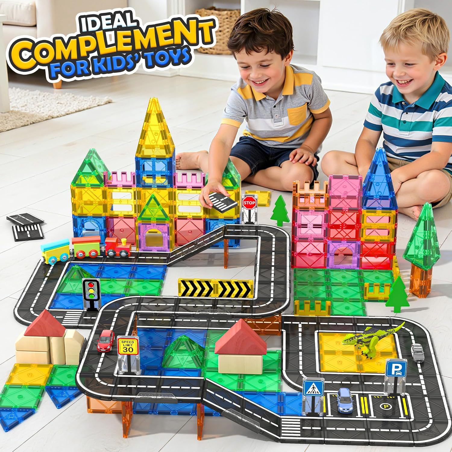 Detalle 2 de IGIVI Magnetic Tiles Road & Rail Clamp Pack with Road Pieces and Bridge Supports