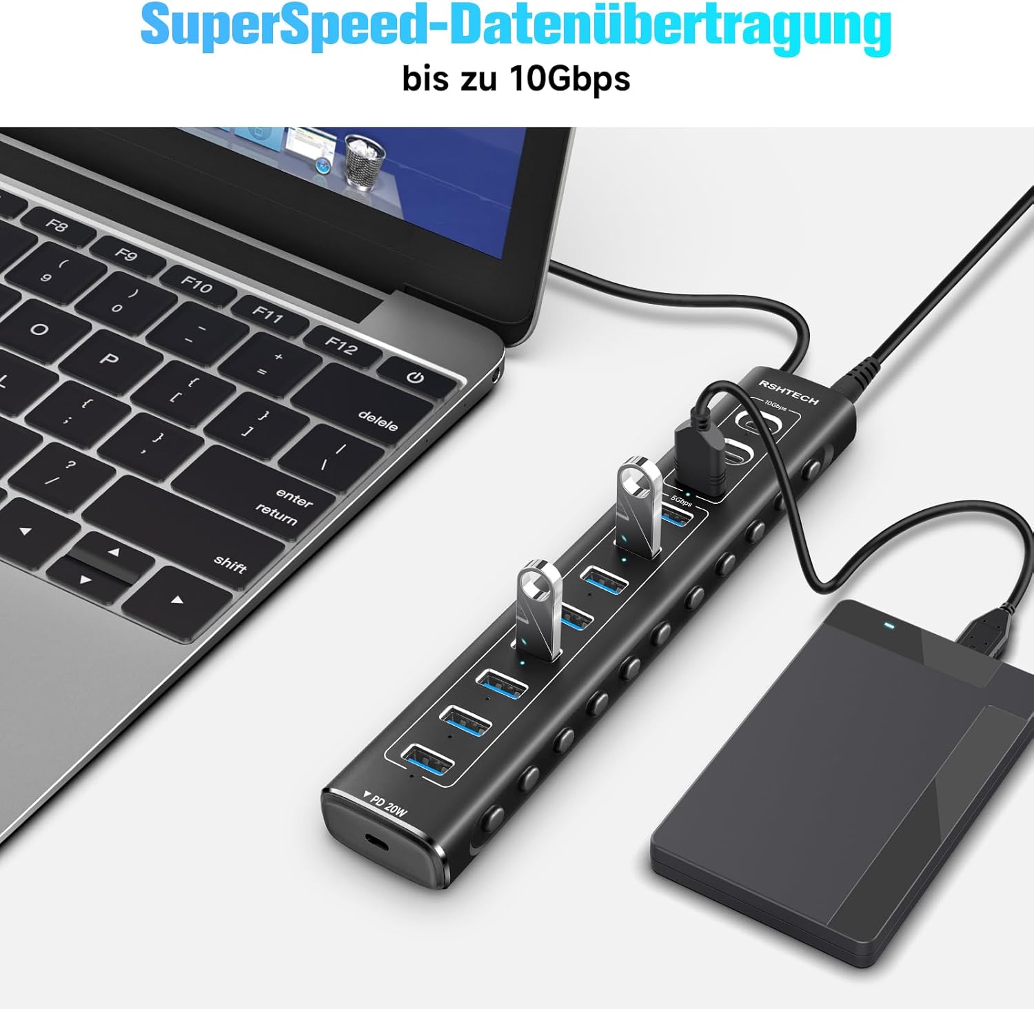 Thumbnail 3 de RSHTECH RSH-A11PD USB-C 3.2 Hub mit Netzteil (60 W) – 11 Ports, 20 W PD & bis zu 10 Gb/s