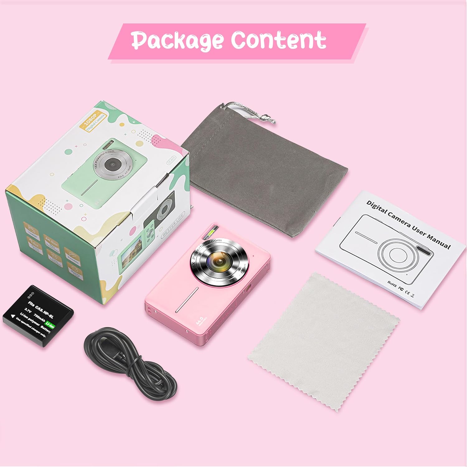 Thumbnail 6 de Pink 1080P 44MP Vlogging Digital Camera for Kids & Teens with 2.4" Screen (No SD Card)