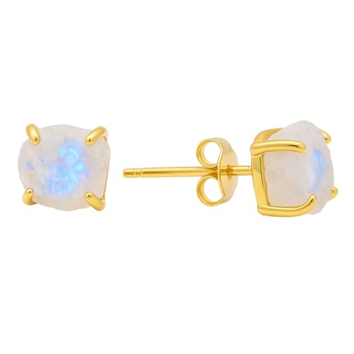 Detalle de Gempires Natural Raw Gemstone Stud Earrings – Rainbow Moonstone (Gold Plated) by GEMPIRES NATURE’S TREASURE