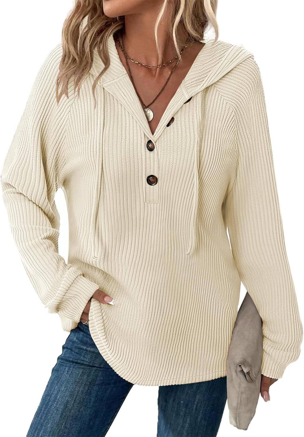 Detalle de Tanmolo Damen Hoodie V-Ausschnitt Kapuzenpullover mit Knopfleiste – leichter Strickpullover