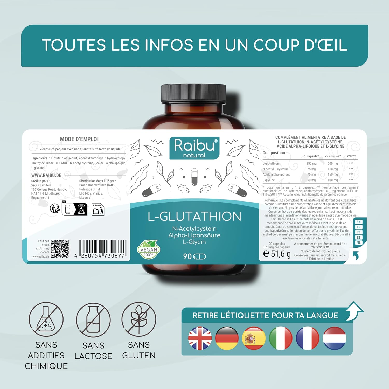 Thumbnail 5 de RAIBU Glutathion réduit à 98% (L-glutathion) + précurseurs NAC, acide alpha-lipoïque et L-glycine — 500 mg, 90 gélules
