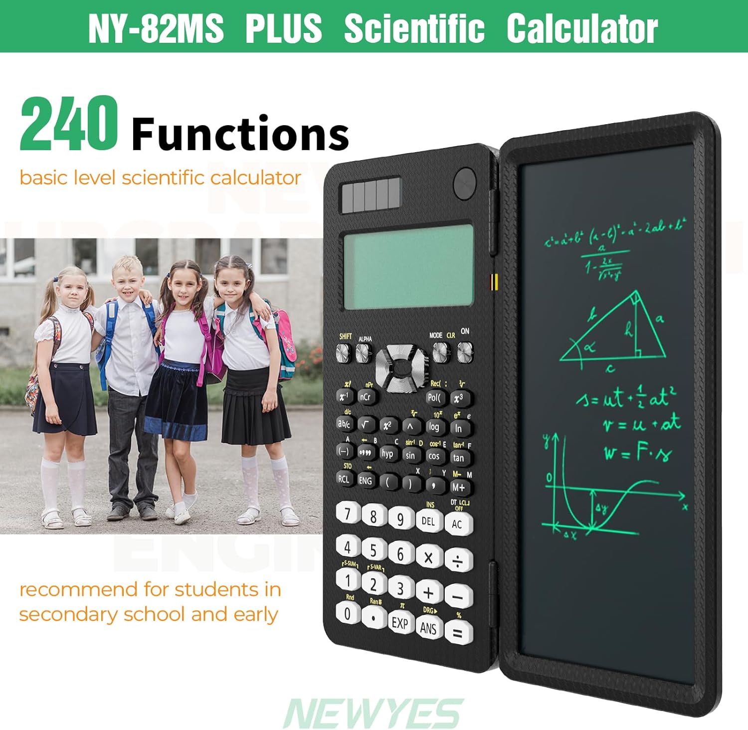 Thumbnail 1 de NEWYES 82MS PLUS Edition: Practical 240‑function Scientific Calculator with Writing Tablet (2-Line Display) for Secondary School