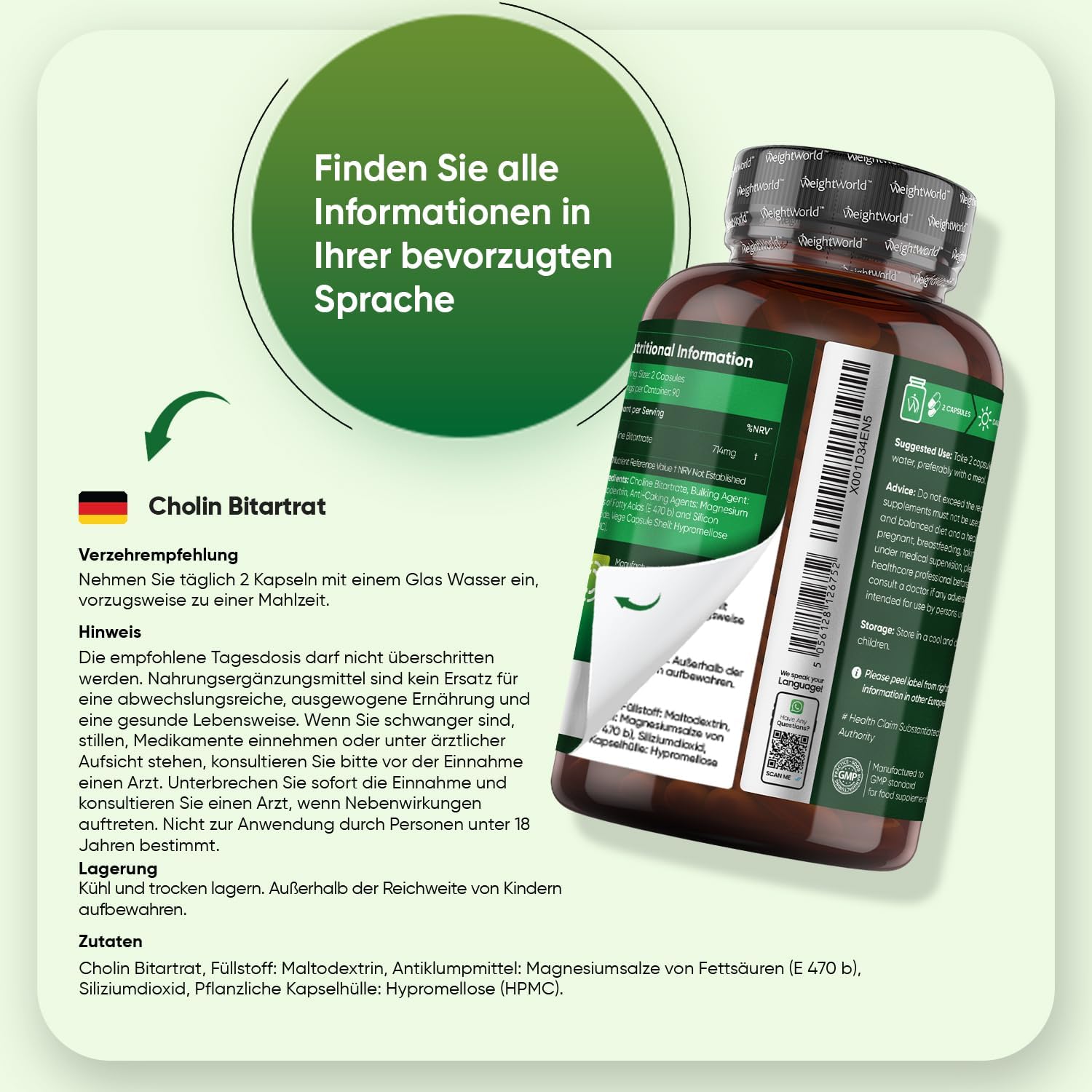 Detalle de WeightWorld Cholin Bitartrat Kapseln – 714 mg pro Portion, 180 Kapseln (für 3 Monate)