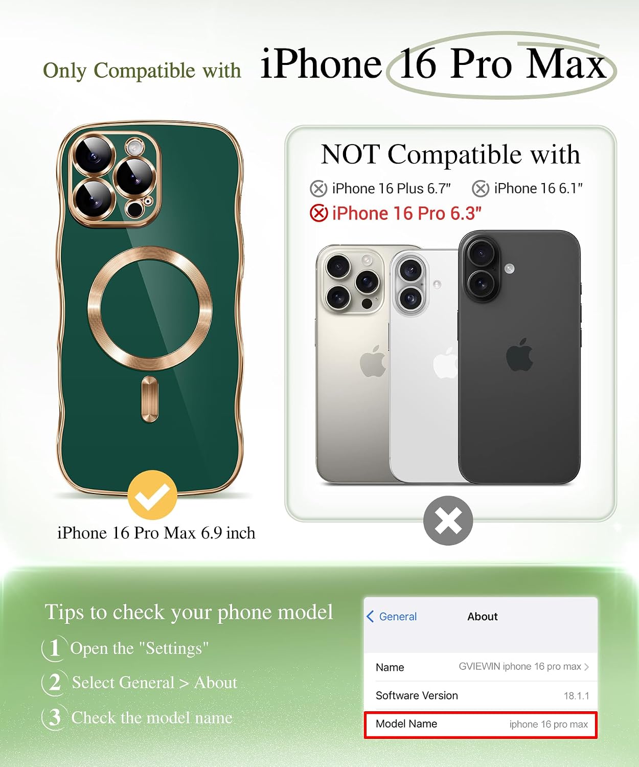 Thumbnail 1 de GVIEWIN iPhone 16 Pro Max Case with MagSafe, Full Camera Protection & Electroplated Wave Frame (Green)