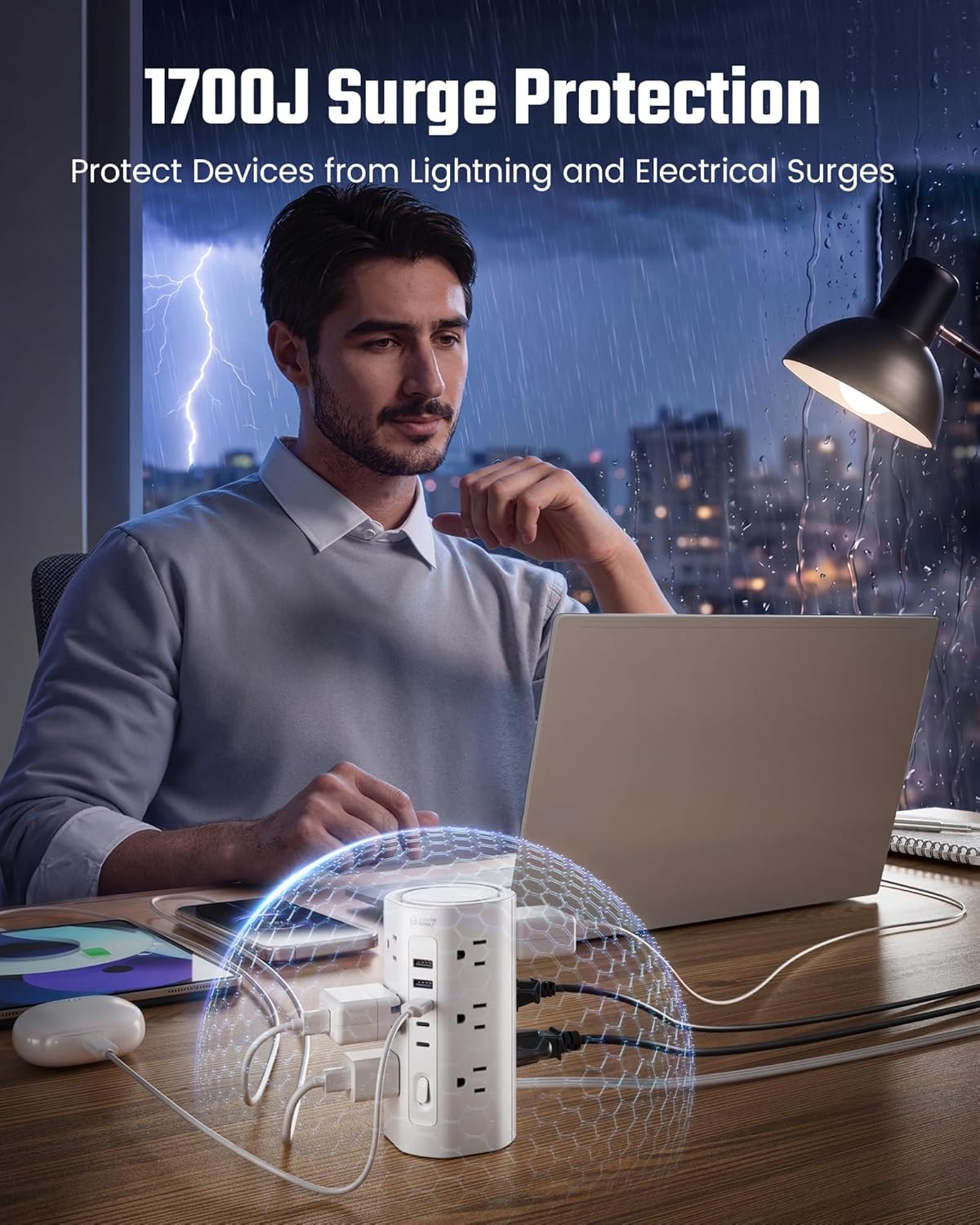 Detalle 2 de Tower Power Strip: 17-in-1 Surge Protected Desk Charging Tower with 12 AC Outlets and 5 USB Ports (2 USB-C)