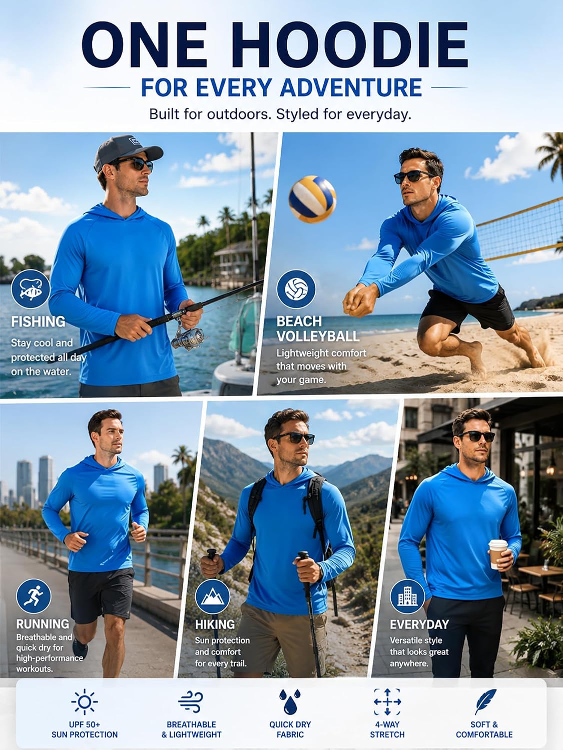 Detalle de ZITY Men's Sun Protection Hoodie Shirt: 3-Pack UPF 50+ Fishing Shirts for All-Day Outdoor Comfort