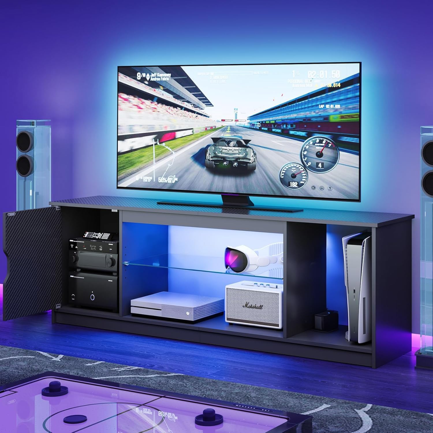 Bestier mobile TV con luci LED RGB e ripiani in vetro regolabili per TV fino a 65 pollici
