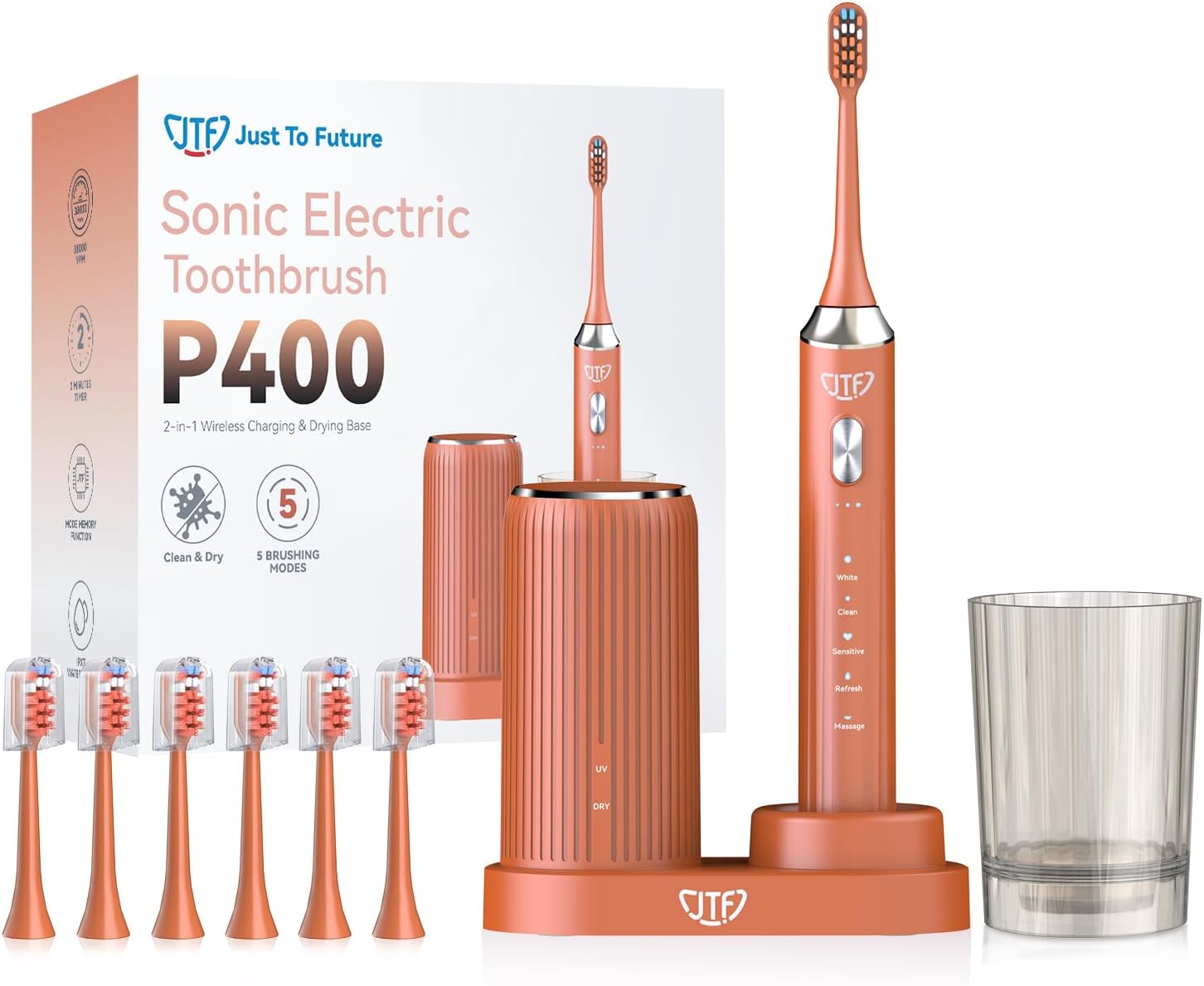Detalle de JTF Brosse à dents électrique sonique avec station UV et séchage, 5 modes, 6 têtes de rechange