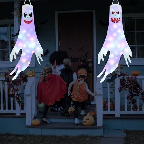 Detalle 1 de Moxled Halloween-Geister-Windsäcke, 3er-Set, 120 cm mit bunten LED-Lichtern
