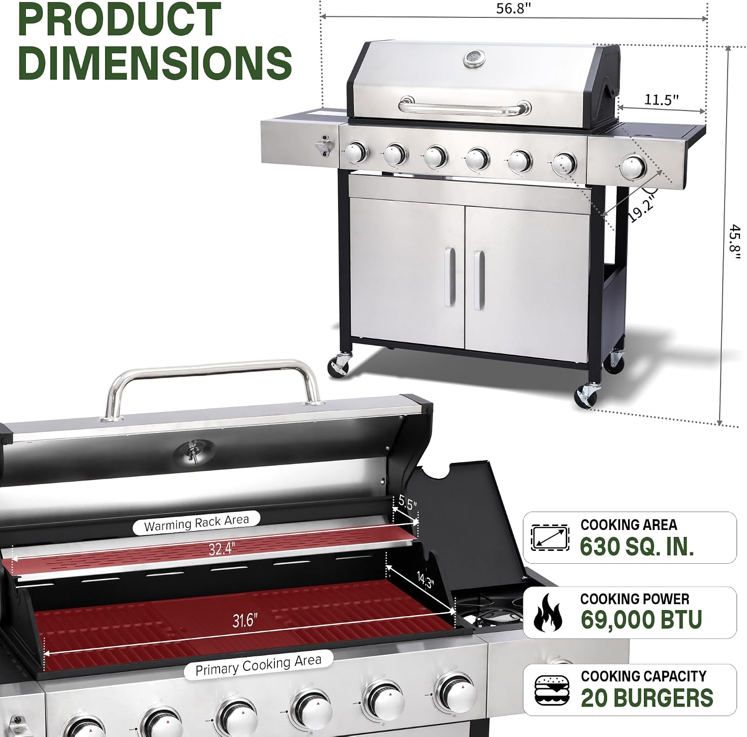 Detalle 2 de LMNOCHM Propane Grill and Griddle Combo, 6-Burner