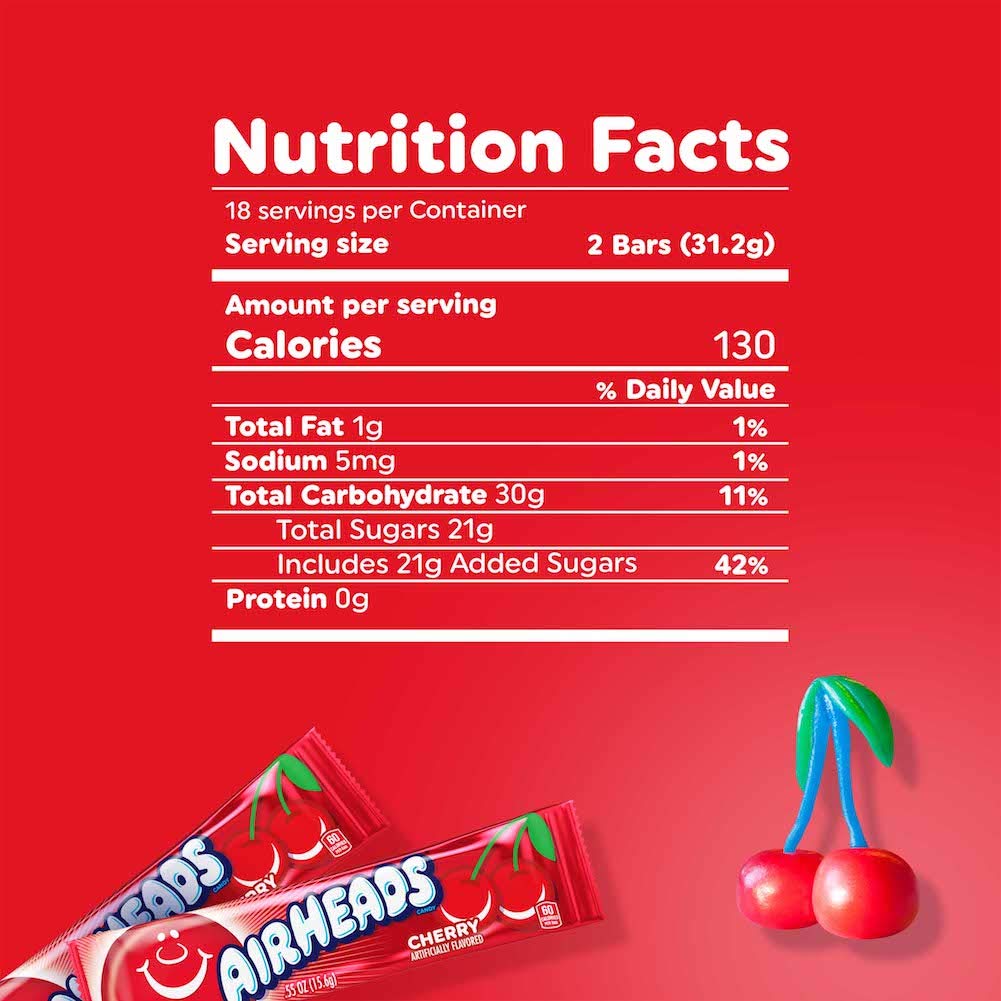 Detalle de Airheads 073390001155 Cherry Taffy Candy Bars, 36 Individually Wrapped