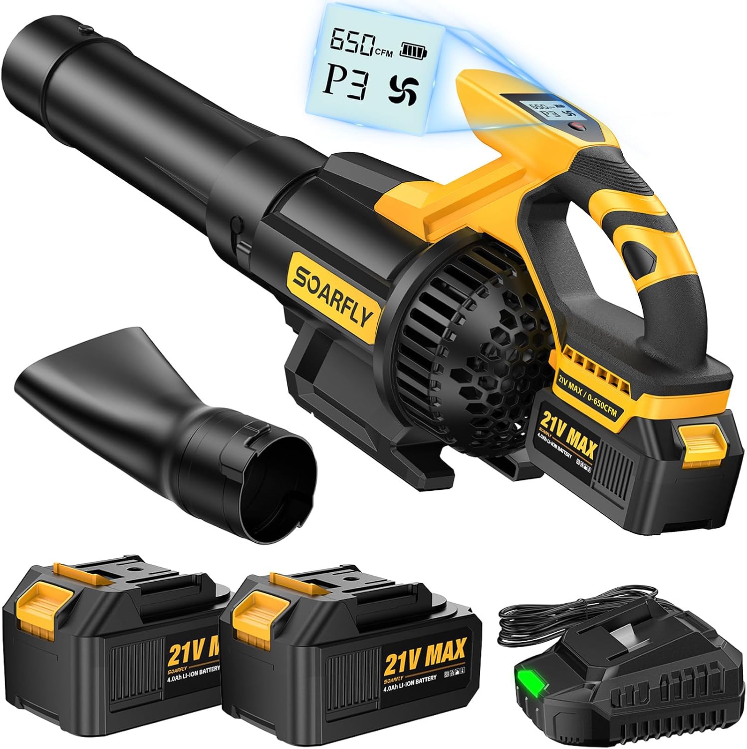 Detalle de SoarFly JY-LB2401 Cordless Leaf Blower, 650 CFM, LCD Display and 2 Batteries