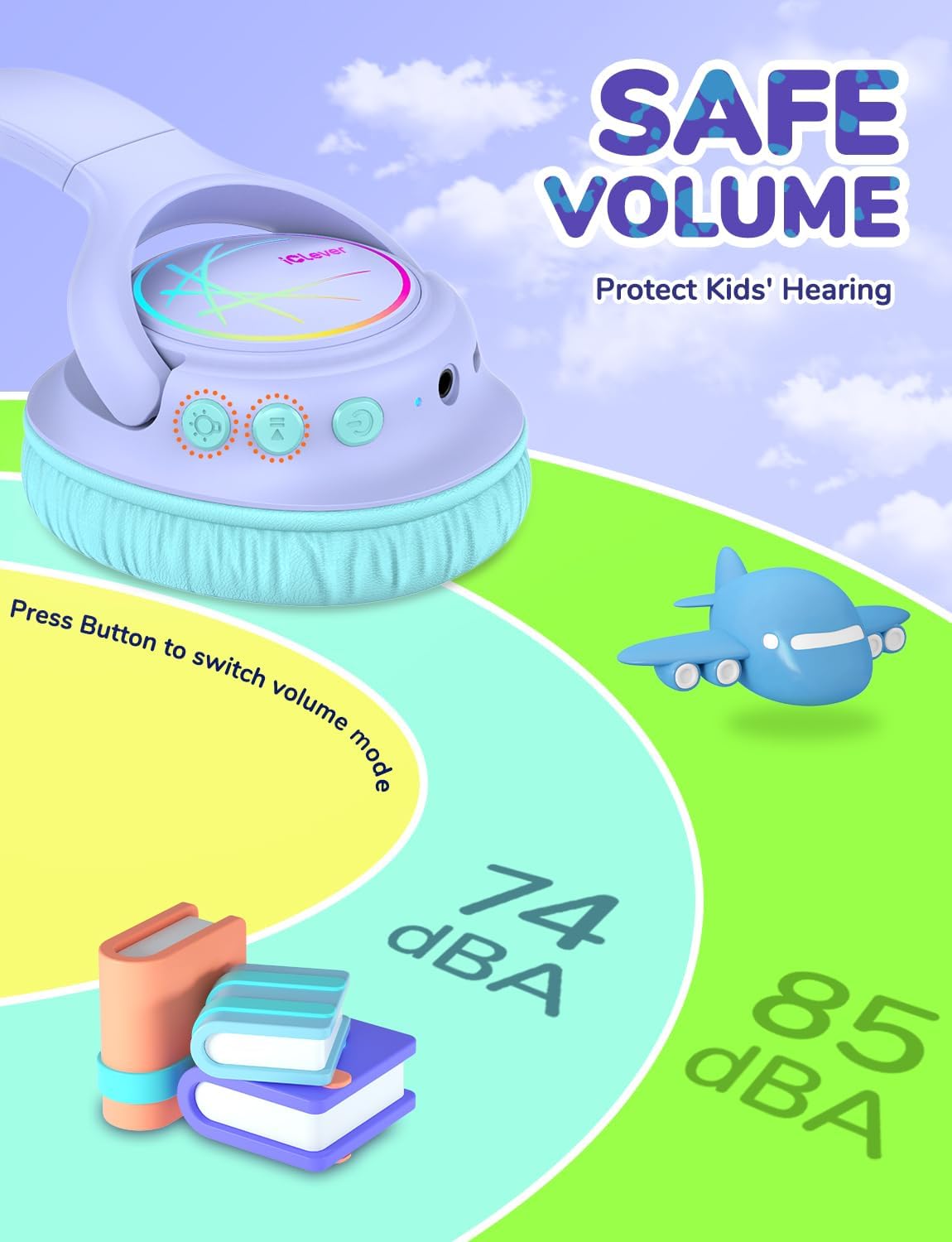 Detalle 2 de iClever Kinder Bluetooth-Kopfhörer mit LED-Leuchten – 43 Stunden Spielzeit, Bluetooth 5.3, Typ-C & AUX