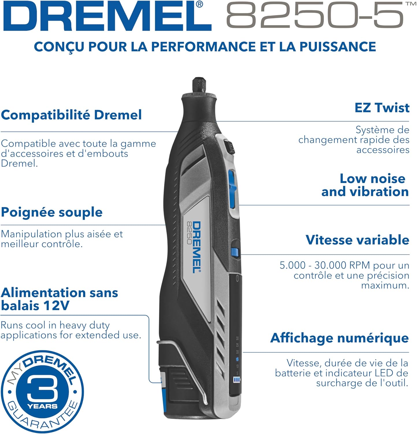Detalle 2 de Dremel 8250 Outil rotatif sans fil 12 V — Kit multifonctions sans balais, 65 accessoires
