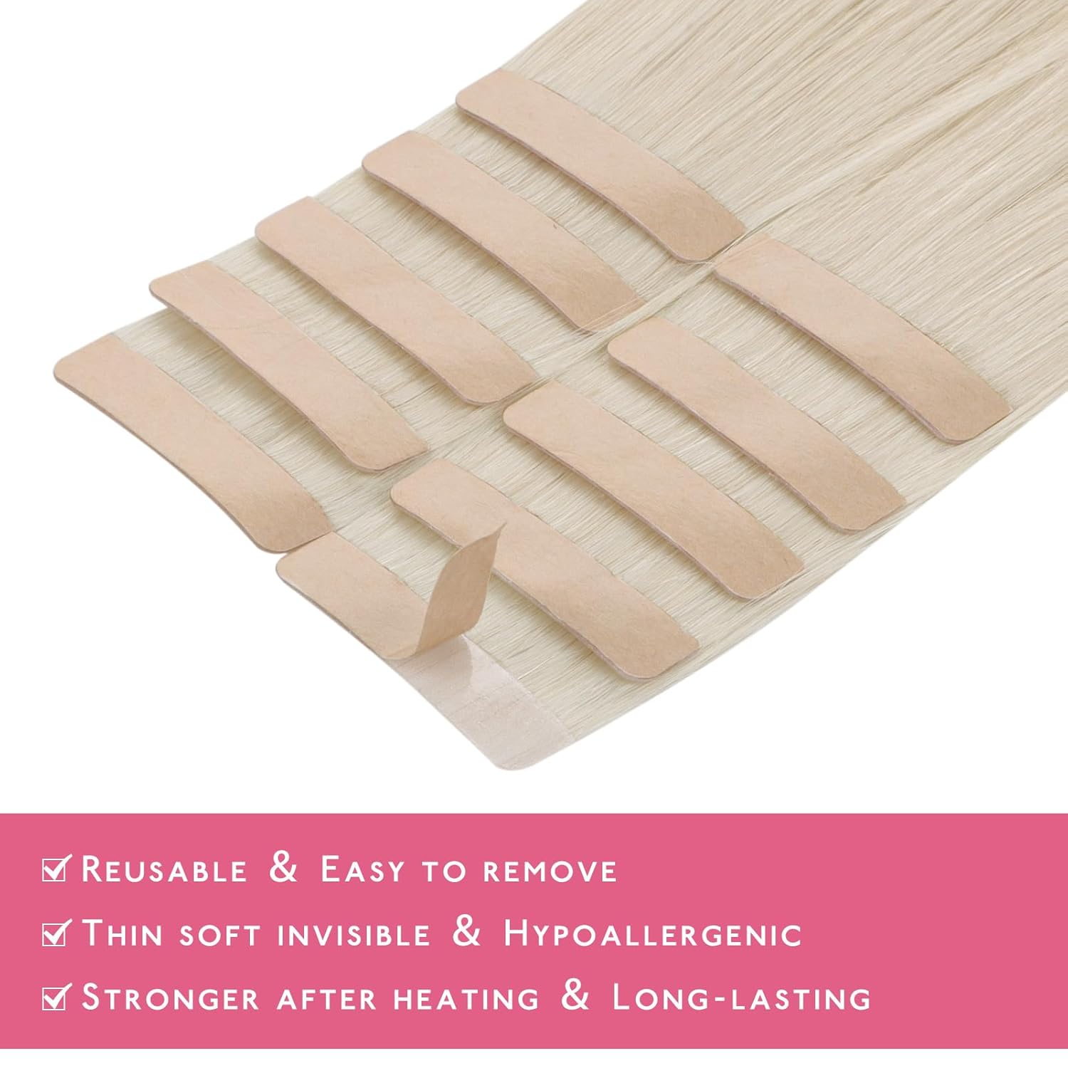 Detalle de WENNALIFE Tape Extensions Echthaar – 10 Stück, 25 g, 35 cm, Platinblond – Remy Invisible Tape Extensions