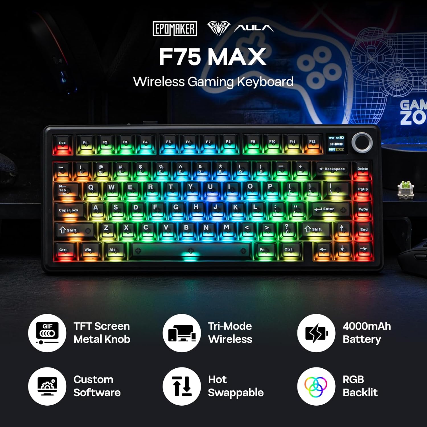 Detalle 2 de EPOMAKER X Aula F75 MAX Wireless Mechanical Keyboard with TFT Screen and Knob (75% US Layout, Matte Black, Reaper Switch)