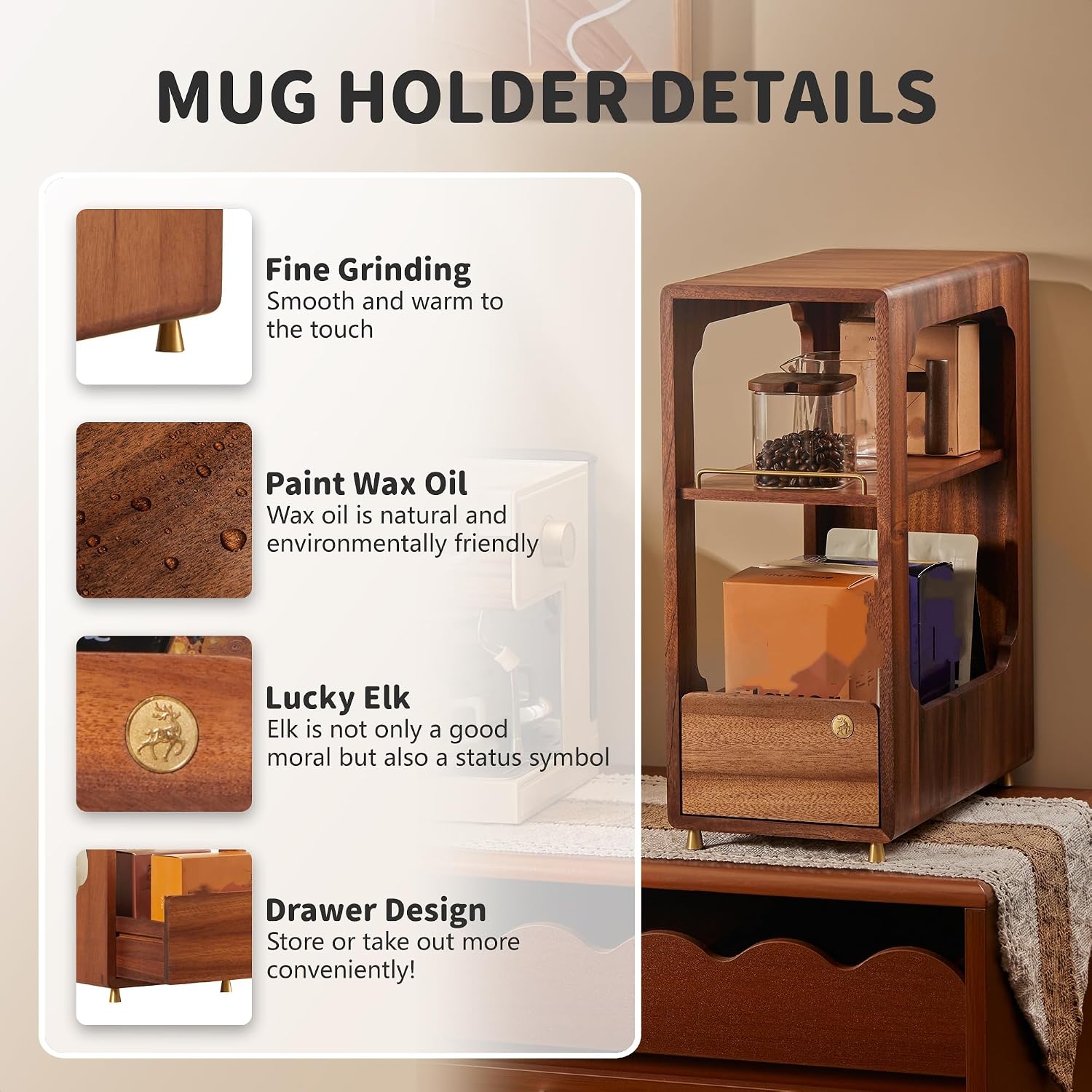 Detalle 2 de Coffee Station Organizer in Walnut Wood