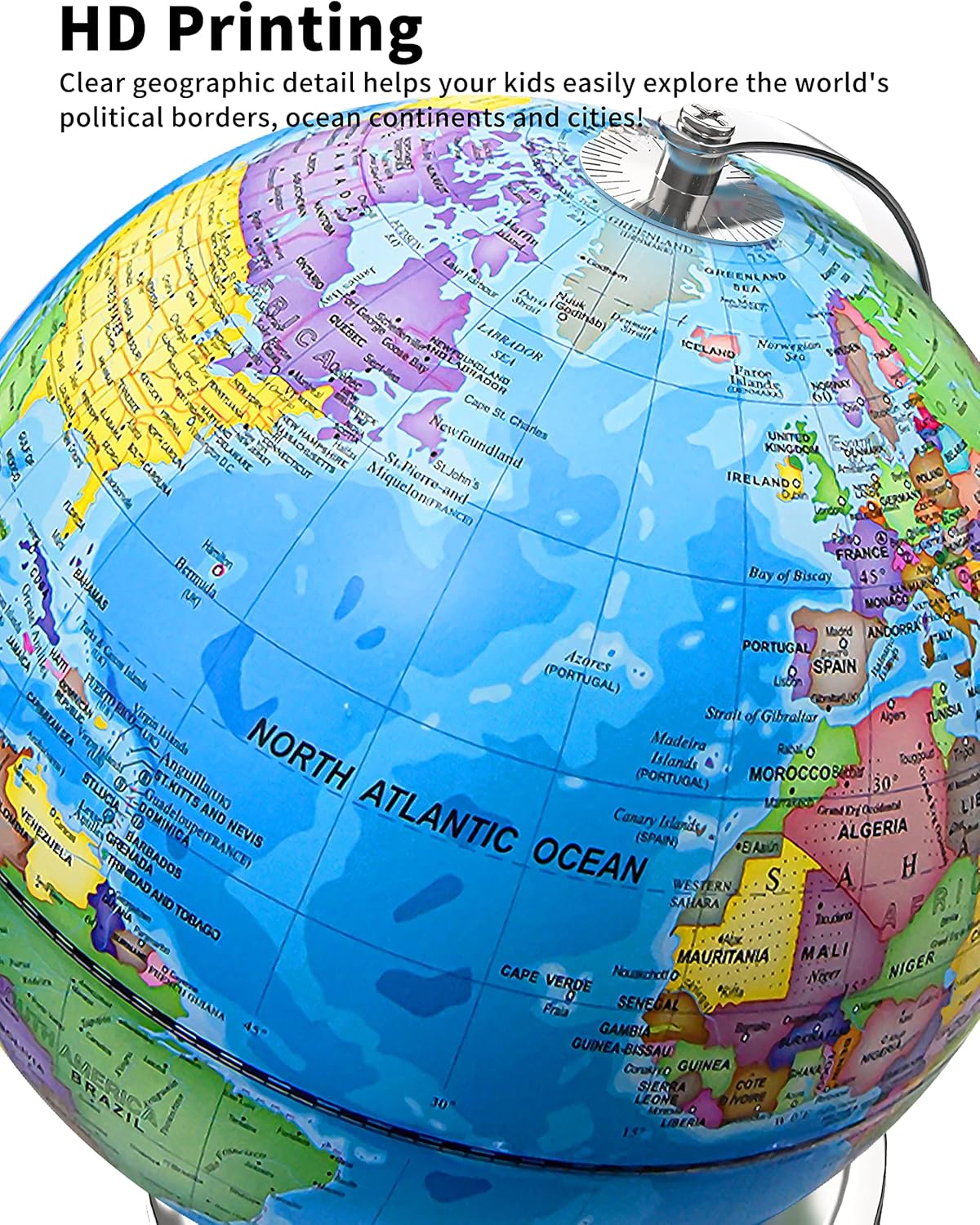Thumbnail 3 de Waldauge Illuminated World Globe with Stand – 9" HD Map, Stable Metal Base, and LED Night Light