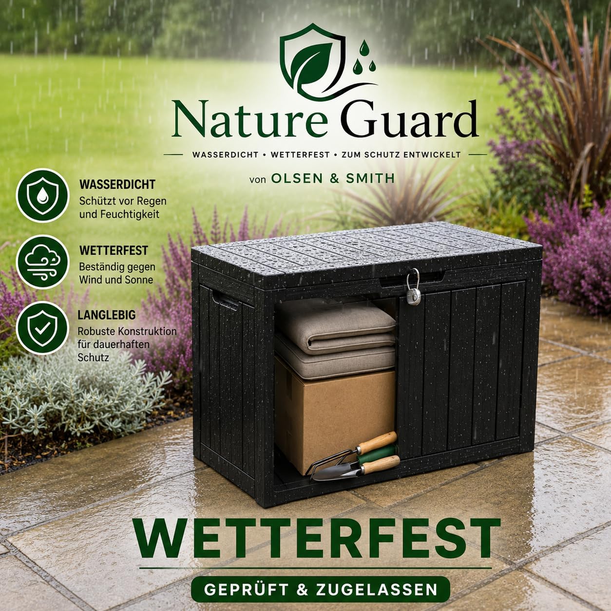 Detalle de Olsen & Smith Paketbox Draussen 170L – wetterfeste Aufbewahrungsbox mit Deckel