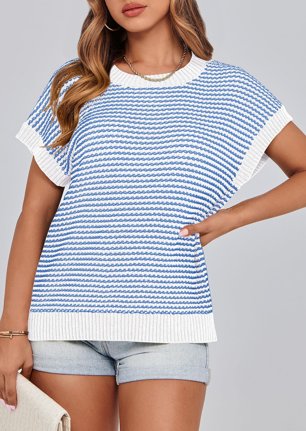 Thumbnail 6 de PRETTYGARDEN Women's Short Sleeve Knit Sweater Vest Top with Stripe and Cap Sleeve