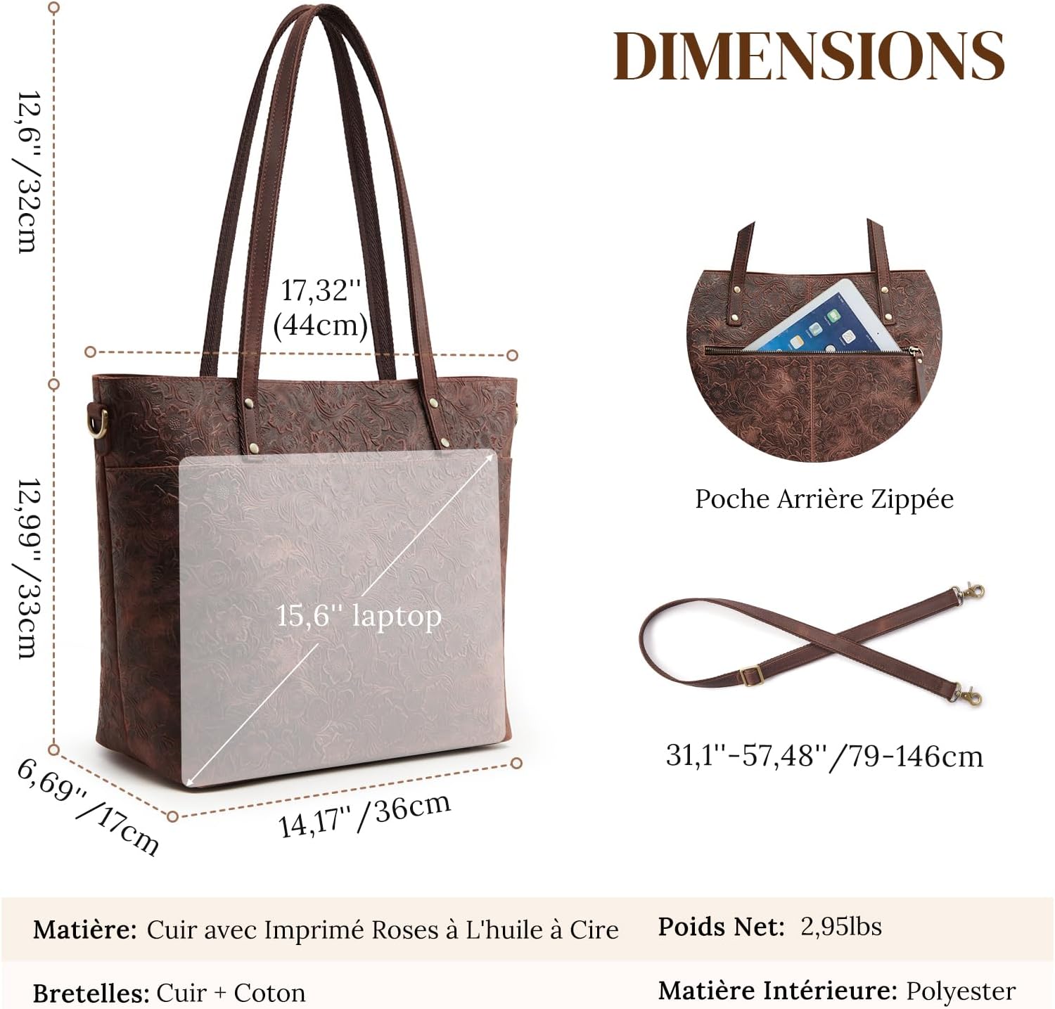 Detalle de S-ZONE Sac fourre-tout en cuir Crazy Horse pour femme — grand sac à bandoulière et ordinateur portable