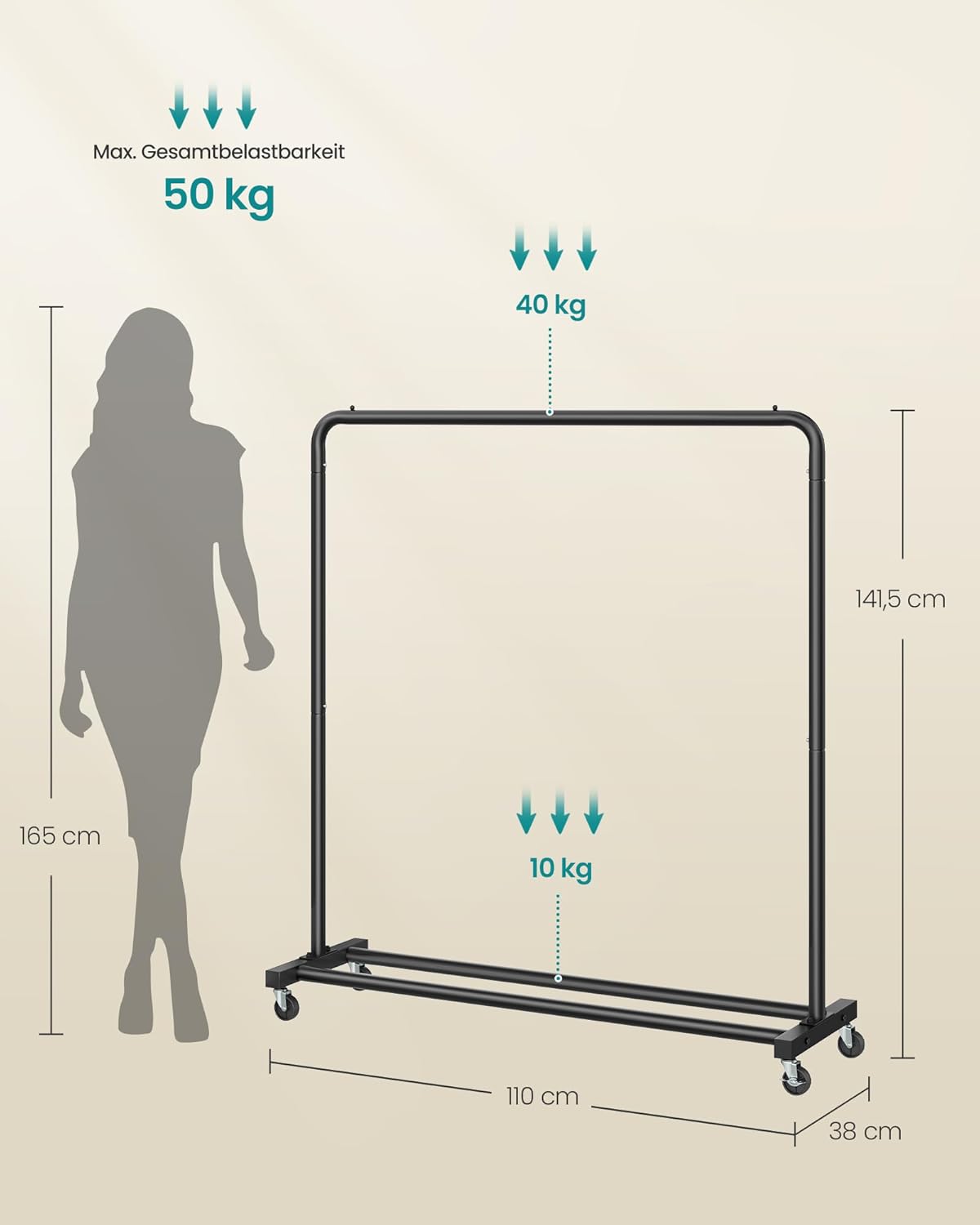 Thumbnail 4 de SONGMICS Kleiderständer mit Rollen und Bremse – Tragkraft 50 kg, 110 cm Stange, 4 Rollen (2 mit Bremse)