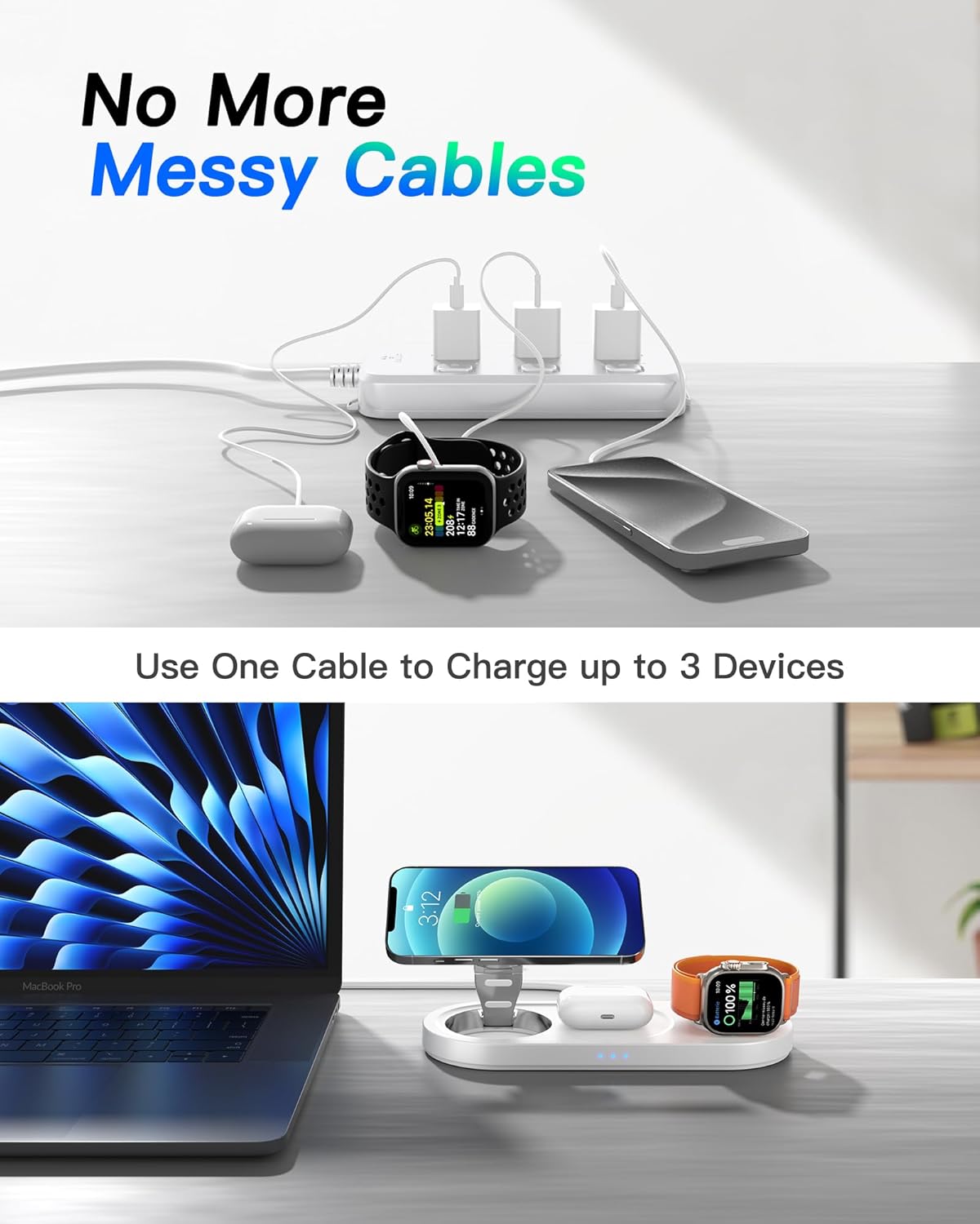 Thumbnail 1 de Upgraded 3-in-1 Wireless Charging Station (Mag-Safe) for iPhone, AirPods Pro & Apple Watch – White