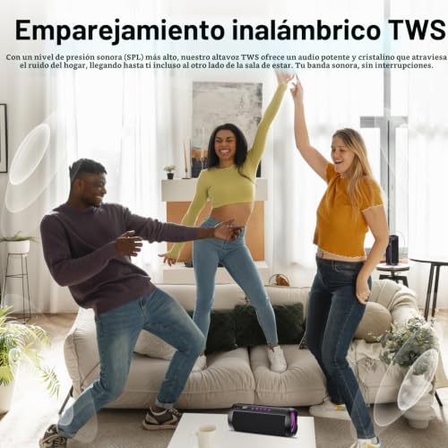 Detalle 2 de Altavoz Bluetooth Portátil 25W de coioc: sonido estéreo 360°, IPX7 y luz RGB para exterior