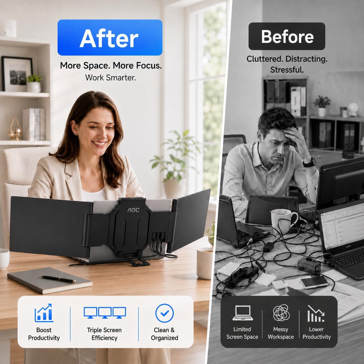 Detalle 2 de AOC 14" Laptop Screen Extender: Triple Portable Monitor for 13"–17.3" Laptops