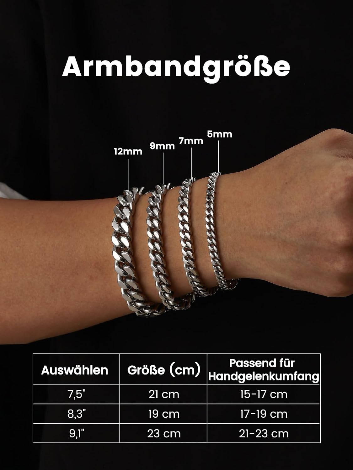 Thumbnail 3 de Bestyle Herren-Armband aus Edelstahl mit Panzerkette (5/7/9/12,5 mm) – Miami Armband in Silber, Schwarz oder Gold