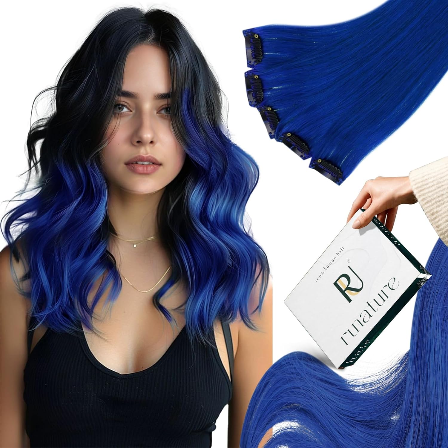 Detalle de RUNATURE Extension clip capelli colorati blu 35 cm, 5 pz 🎀
