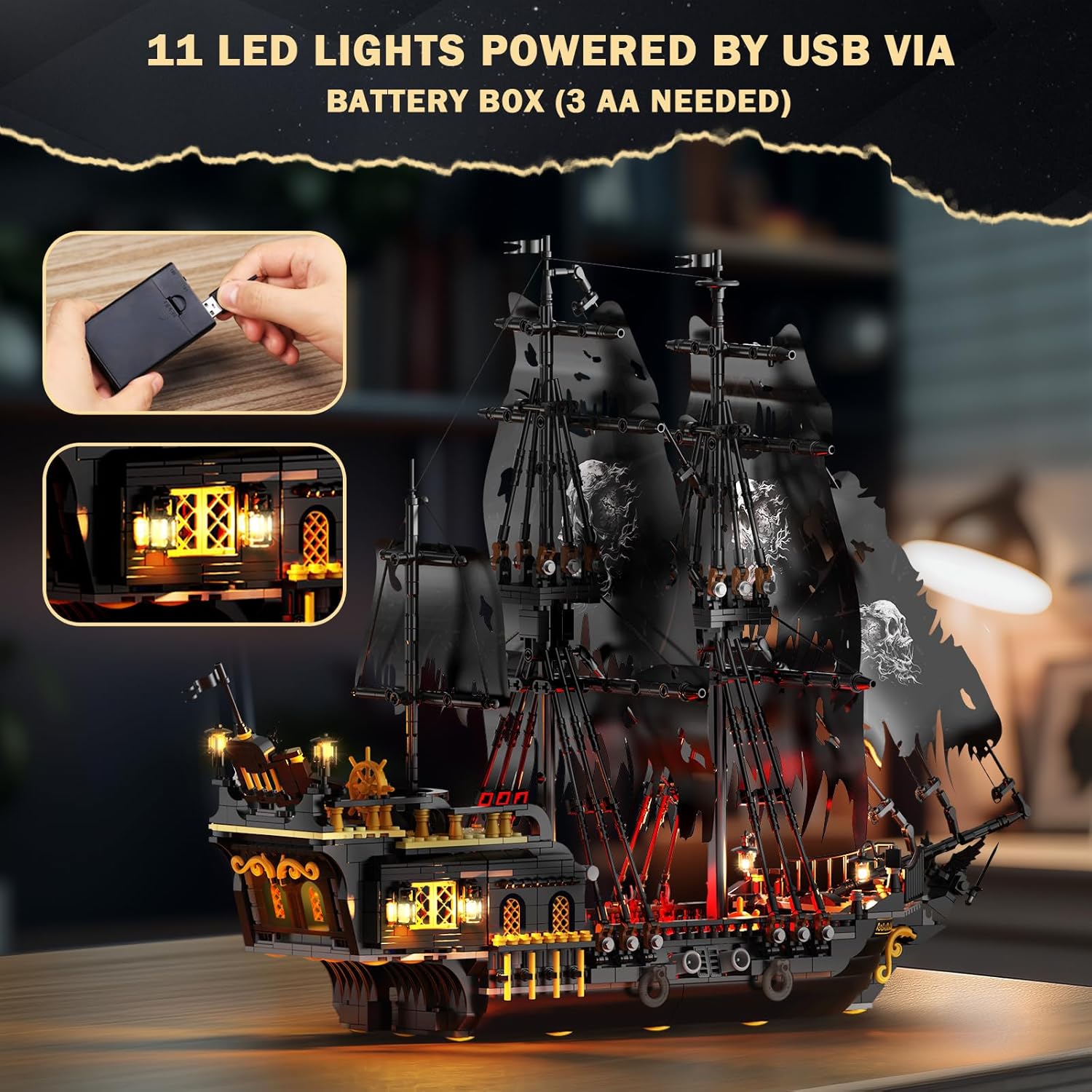 Detalle de JMBricklayer Pearl Pirate Ship with Lights (1713 PCS) — Black Ship Model Kit 40002