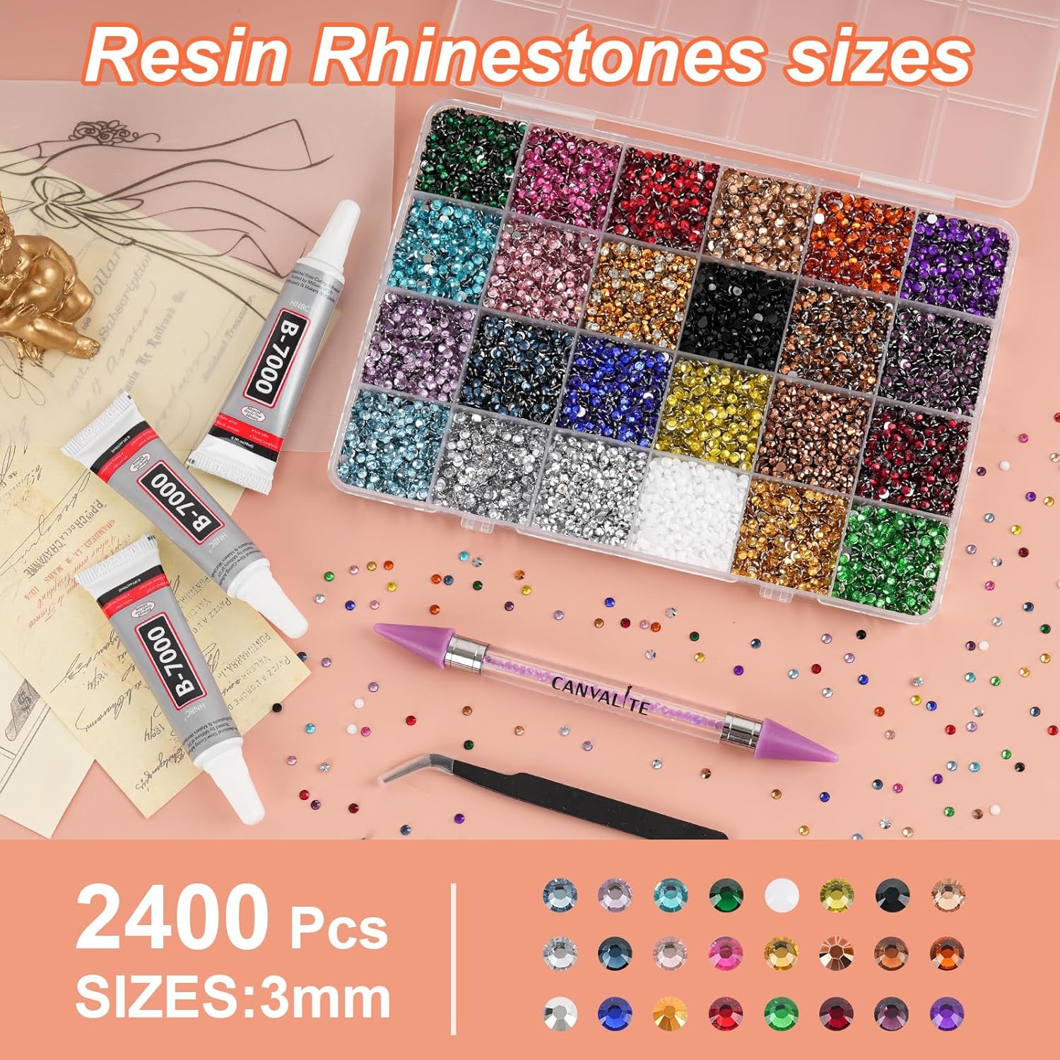 Thumbnail 1 de Canvalite Resin Bedazzling Kit with Rhinestones, B7000 Jewelry Glue & Tools (24-colour bulk)