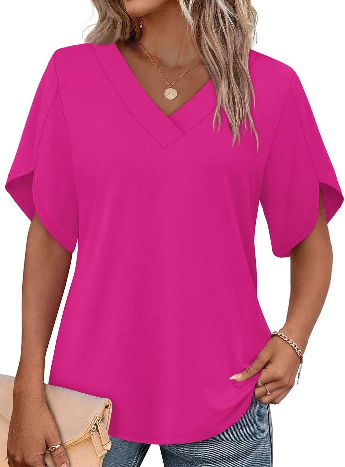 Thumbnail 6 de WIHOLL Women’s V-Neck Split Petal Sleeve Summer Top