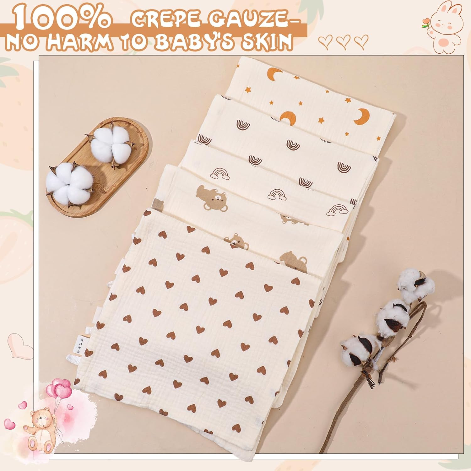 Thumbnail 5 de GSrenyu 5 Pack Muslin Cloths for Baby – 25x50cm 100% Cotton, Beige with 5 Patterns