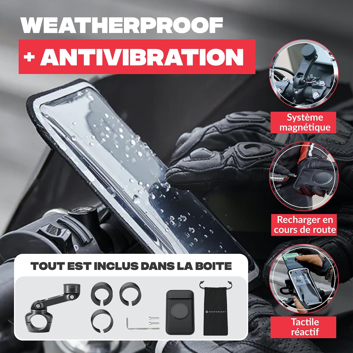 Detalle de Shapeheart Support Téléphone Moto Pro – Bras articulé 360°, fixation guidon et pochette 2XL étanche tactile