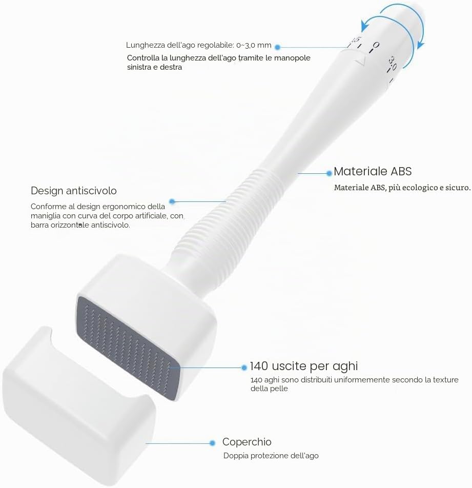 Detalle de Timbro Dermastamp Derma Stamp Regolabile 0-3 mm Professionale con 140 aghi in Titanio – Uso Viso, Capelli, Barba e Corpo