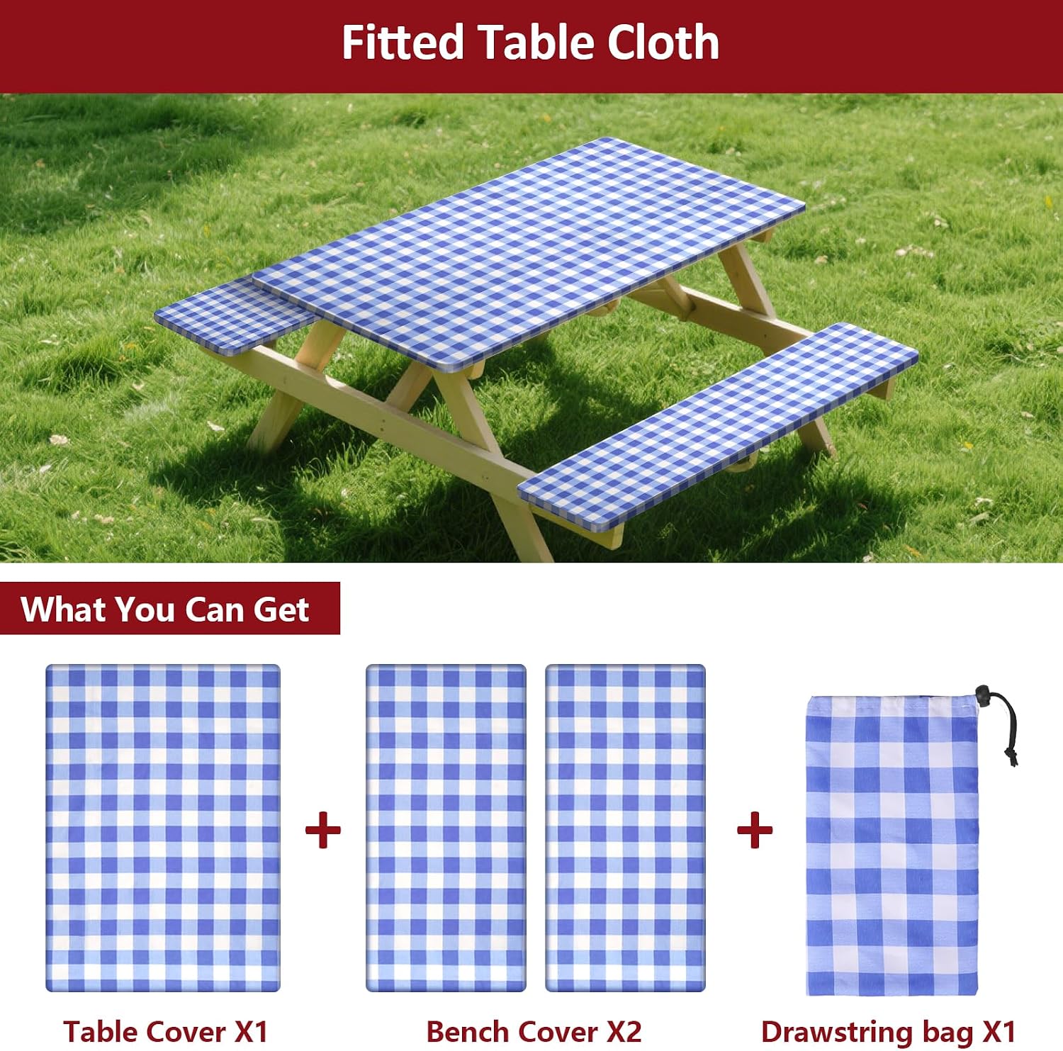 Thumbnail 2 de KENOBEE 6ft Picnic Table and Bench Cover Set, 3-Piece Blue-White Checkered