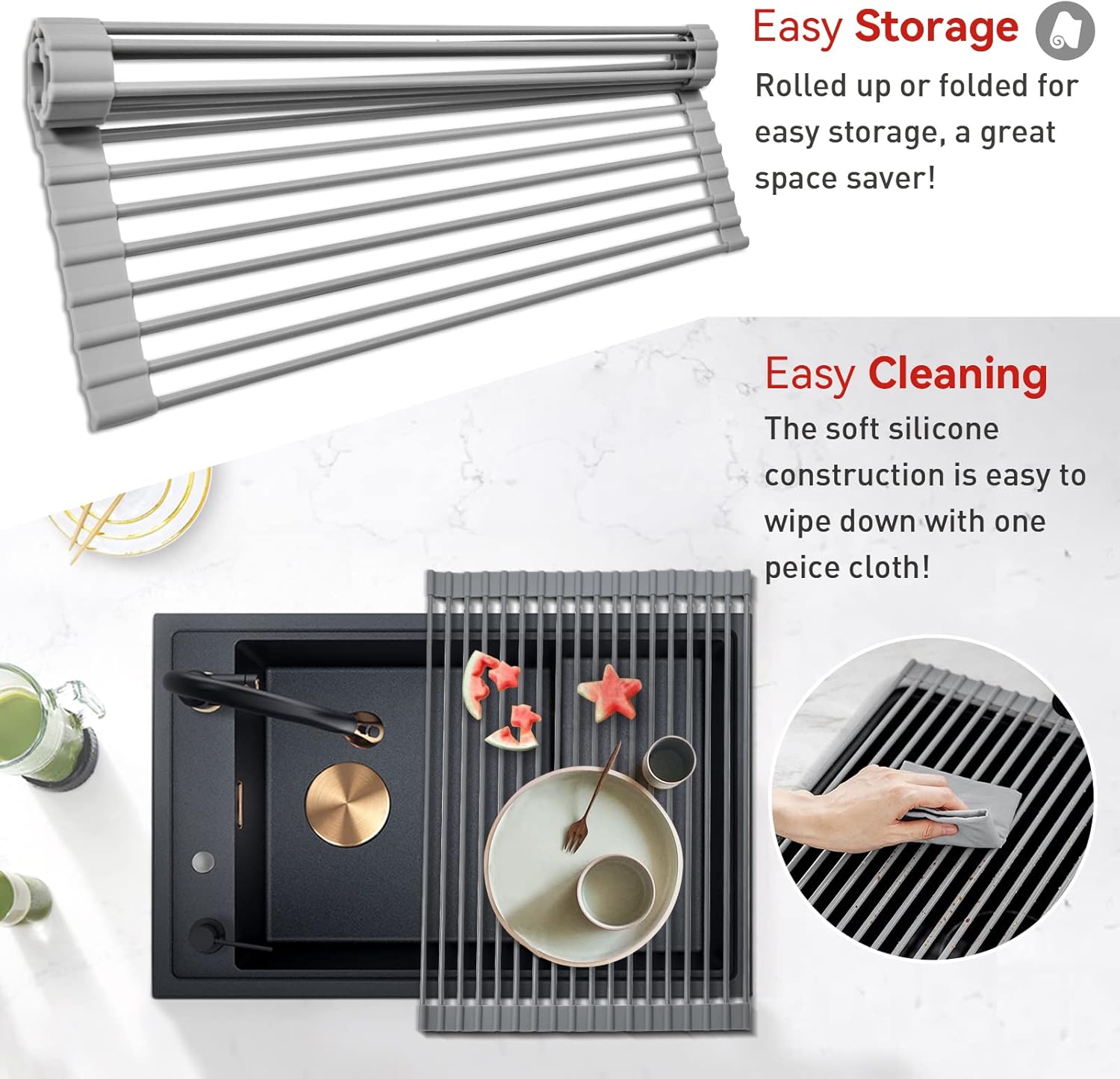 Detalle de MERRYBOX Roll Up Dish Drying Rack (Over-the-Sink, Heat-Resistant Silicone) 20.5" x 13.1