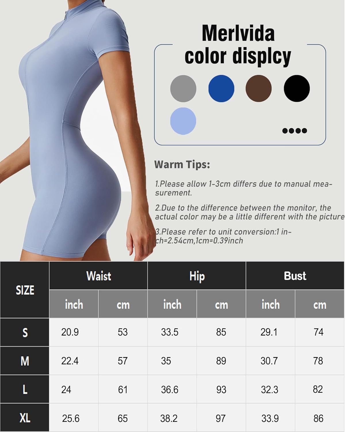 Thumbnail 5 de Merlvida Damen Sport-Jumpsuit kurz eng für Yoga, Fitness & Workout – nahtloser Ganzkörperanzug mit Reißverschluss