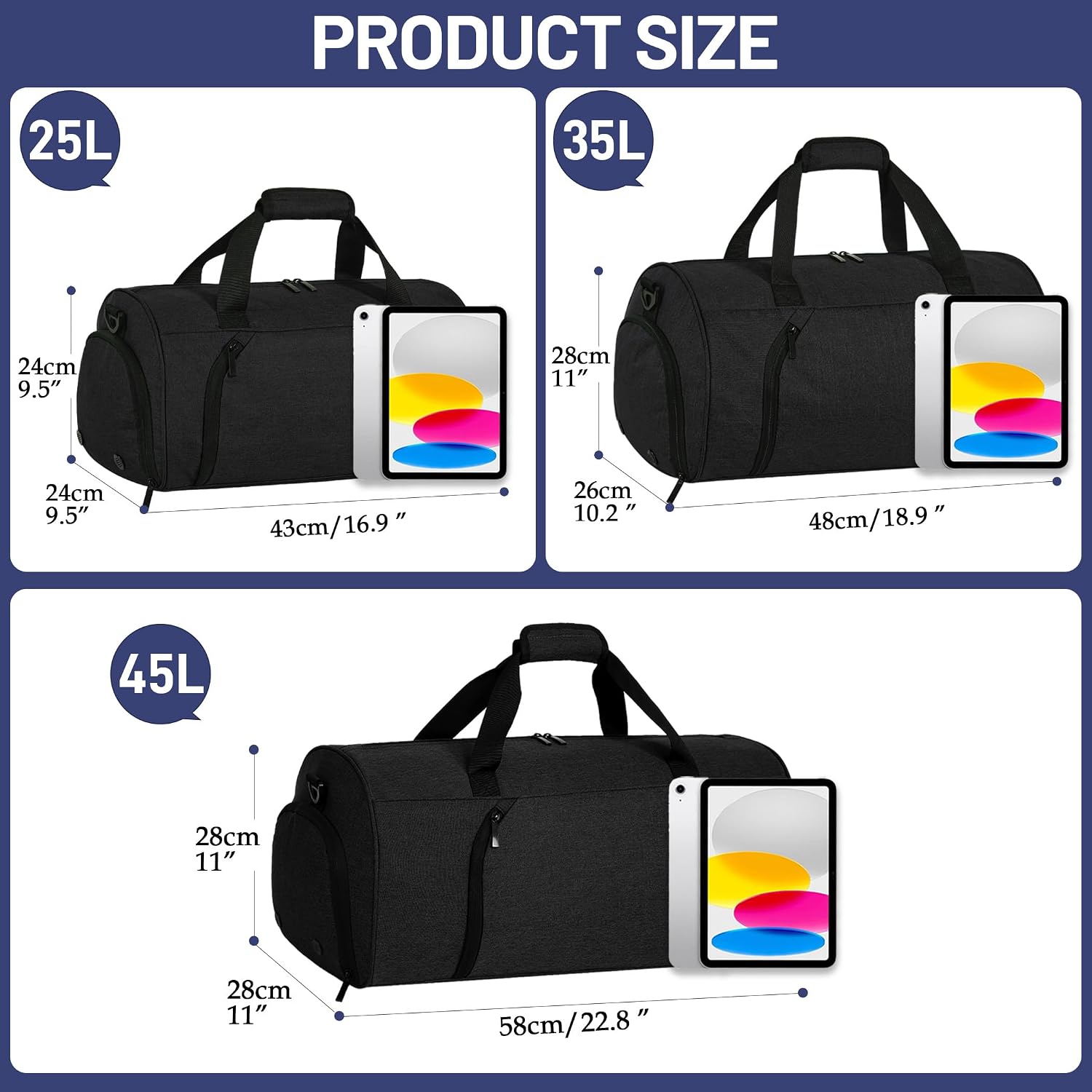 Detalle 2 de BECOJADDE Sporttasche 25L – wasserdichte Nass- und Schuhfach-Duffel für Fitness, Reisen und Schwimmen (Schwarz)