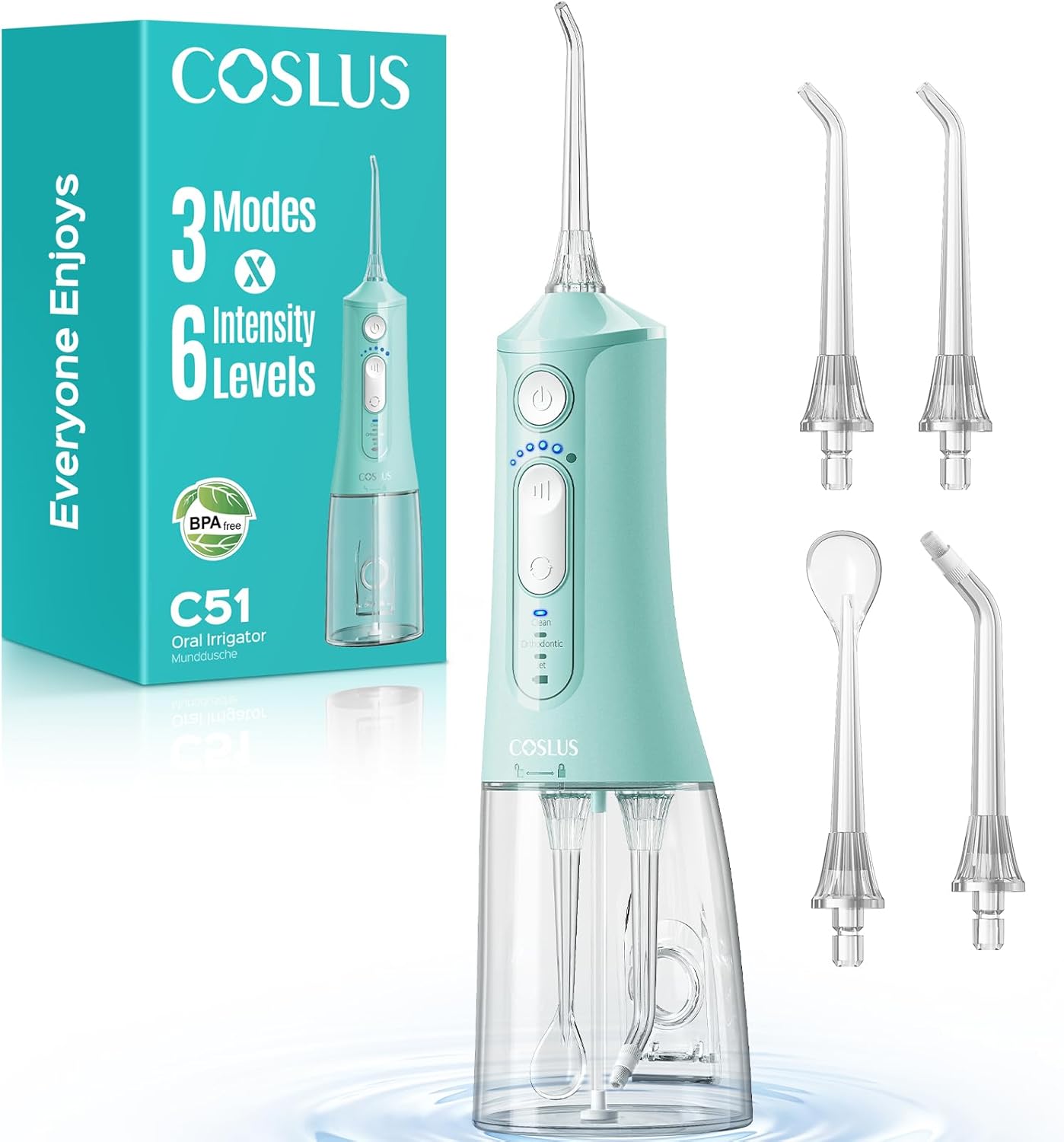 Detalle de COSLUS C51 Portable Water Flosser: 3 Modes, 6 Settings, Jet Mode, 300ML Tank, Built-In Nozzle Storage – Travel-Friendly Orthodontic Care