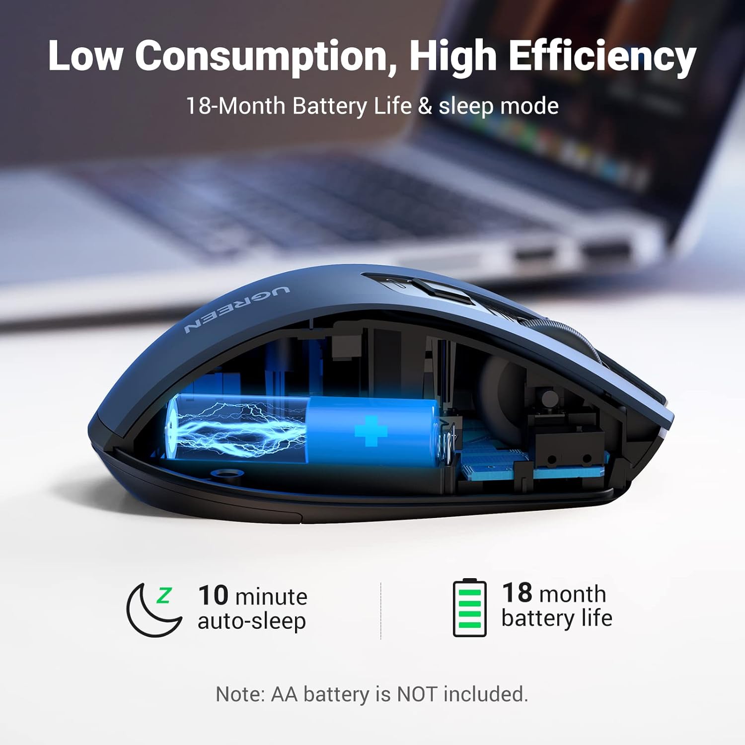 Detalle de UGREEN 2.4G Wireless Maus mit 4000 DPI – Ergonomisch, leise und 18 Monate Akkulaufzeit