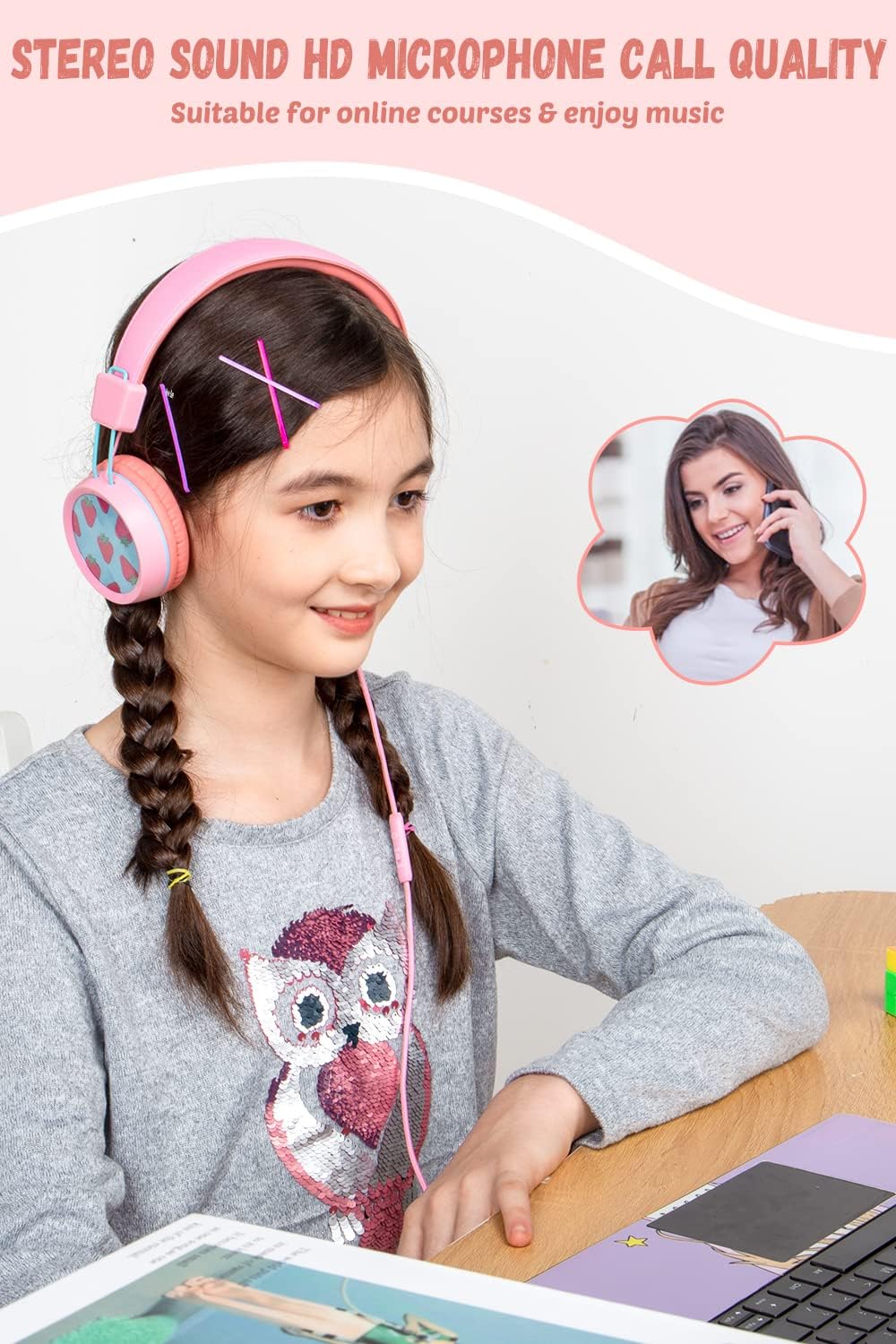 Detalle de New Bee KH20 Kids Wired Headphones with Microphone (Pink) – Safe Volume, Foldable & Lightweight