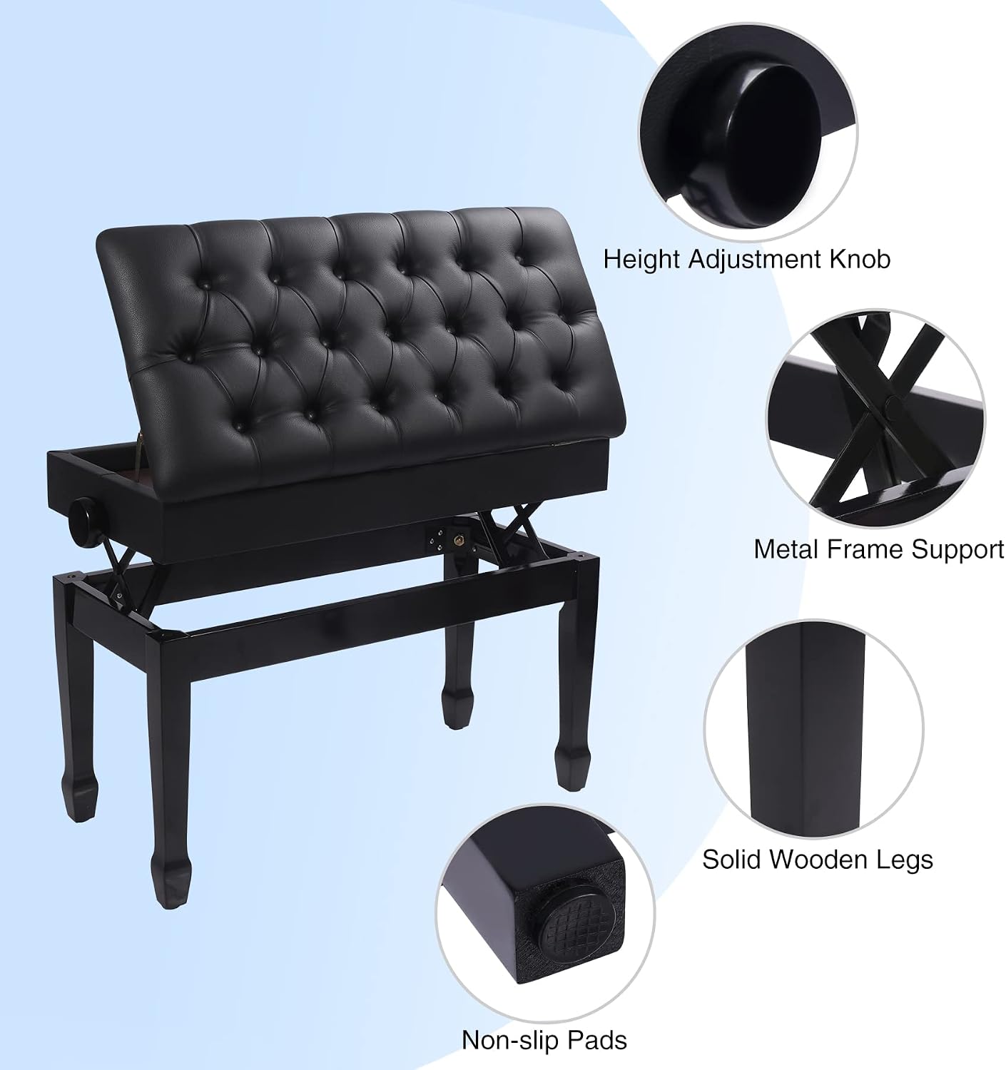 Detalle 2 de ALAPUR 50528 Adjustable Duet Piano Bench with Storage, Black PU Leather